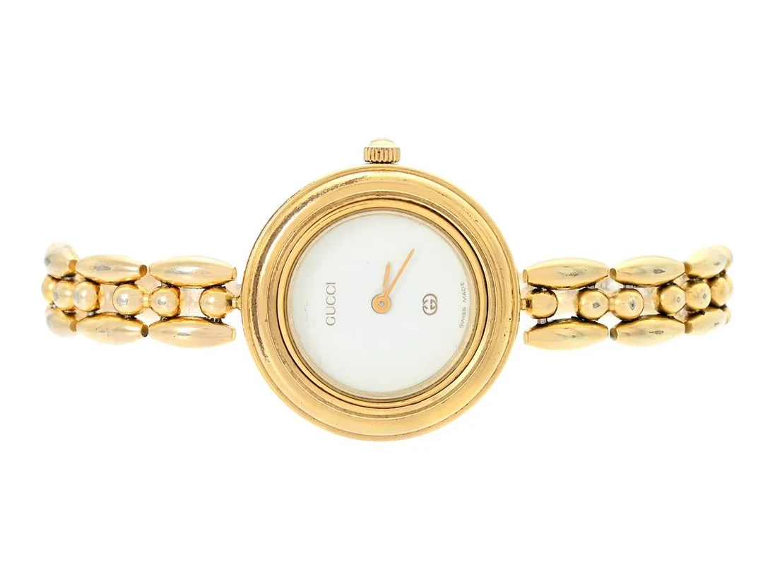GUCCI, damur, 26 mm, Serie nr. 0123736, Boett nr. 1200/1100-L, doublé, quartz, mineralglas, 6 st. utbytbara ringar, integrerad originallänk, cert, december 1990, box (ej komplett). — Klockor/Gucci — Kaplans