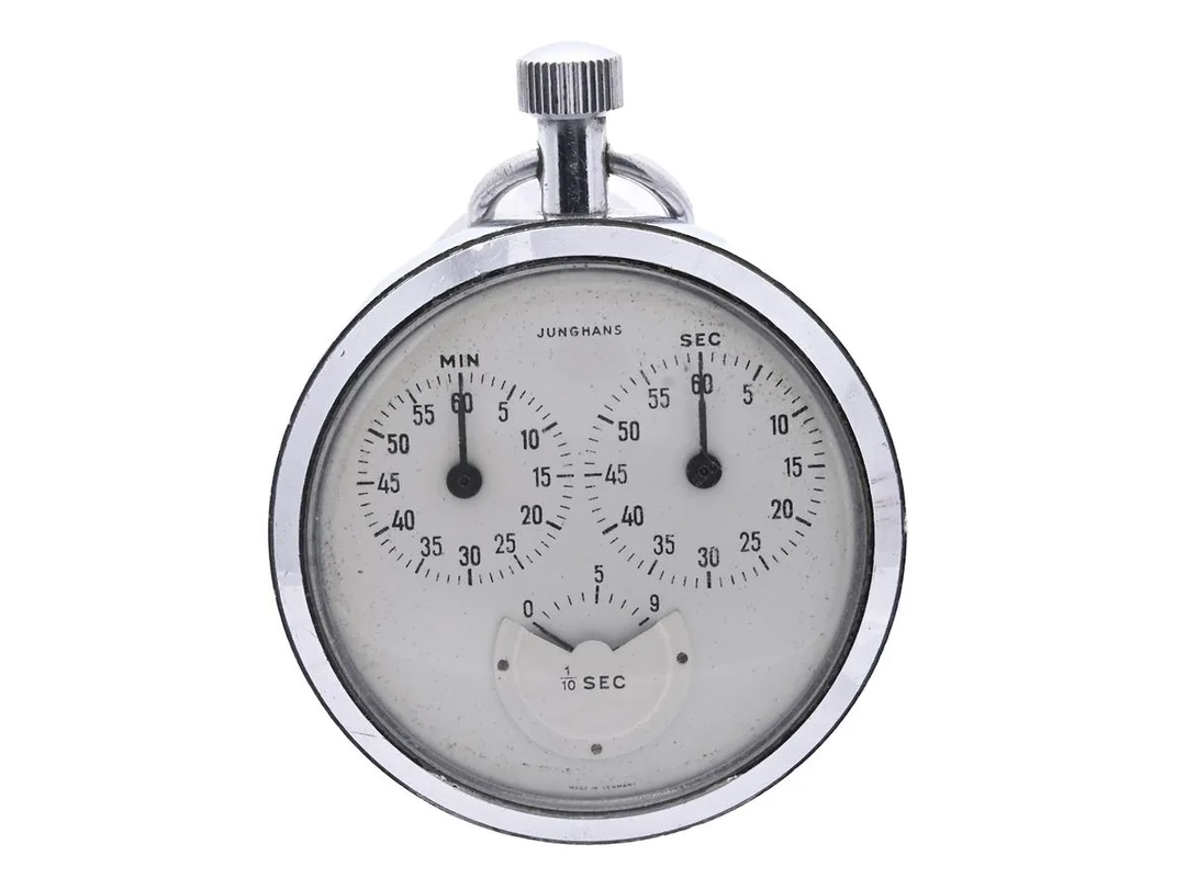 Stoppur Junghans stål Ø54mm, sernr:47413F, graverad bakboett, plastglas repor — Klockor/Junghans — Kaplans