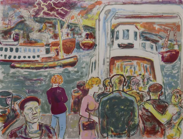 ALBIN AMELIN. litografi, "Polettfärjan till Lindholmen".