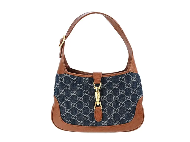 VÄSKA, GUCCI, Jackie 1961 Shoulder Bag, blått tyg GG, brunt läder, guldfärgade beslag, 28x18x4 cm, märkt 636706-520981, extra axelrem, dustbag.