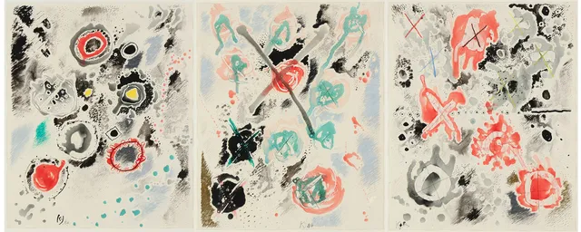 KJELD JENSEN (1922–1998). Abstrakte kompositioner, mixed media på papir, signerede og daterede 1984 (3).