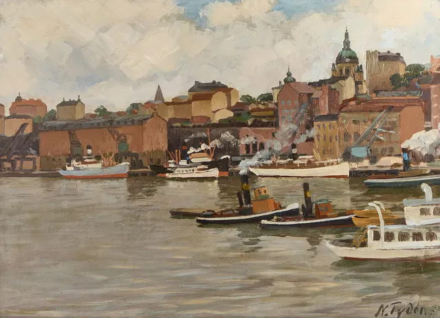 NILS TYDÉN (Stockholm 1889-1976), Stockholm, Vy över stadsgården, signerad N.Tydén, olja på pannå.