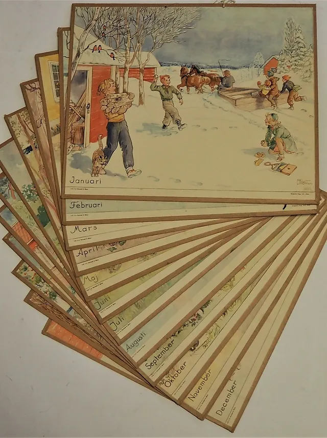 MAJ LINDMAN. skolplanscher / månadstavlor, 12 st, A.B. P.A Norstedt & Söner 1900-talets första hälft.