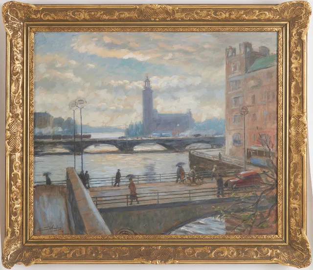 GUNNAR WEINBERG (1876-1959). Stockholmsmotiv, med vy över Stadshuset, olja på duk, signerad, -48.