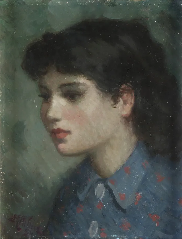 HELGE HELME. Oljemålning på duk. Porträtt av flicka. Signerad och daterad 54.