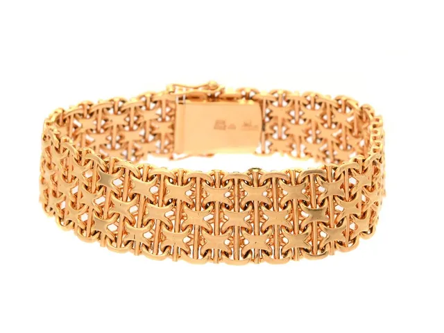 ARMBAND, 18K guld, X-länk med stav, bredd 16 mm, längd 18 cm, vikt 49,6 g.