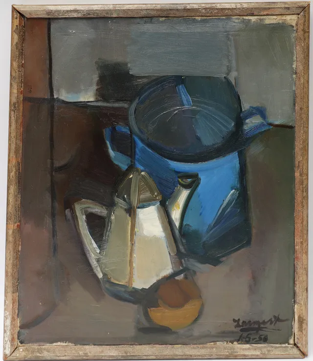 OLLE LANGERT. Stilleben med kaffekanna, oljemålning på duk, otydligt signerad och daterad 50.