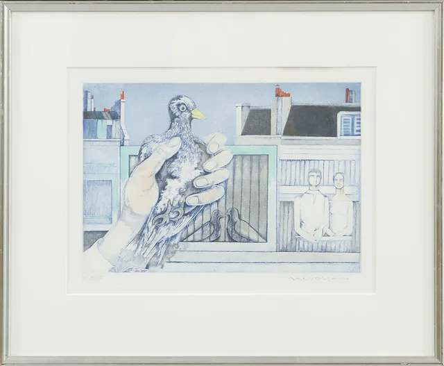 AXEL OLSON. Surrealistisk bild, färglitografi, signerad och numrerad H.C 15/40.