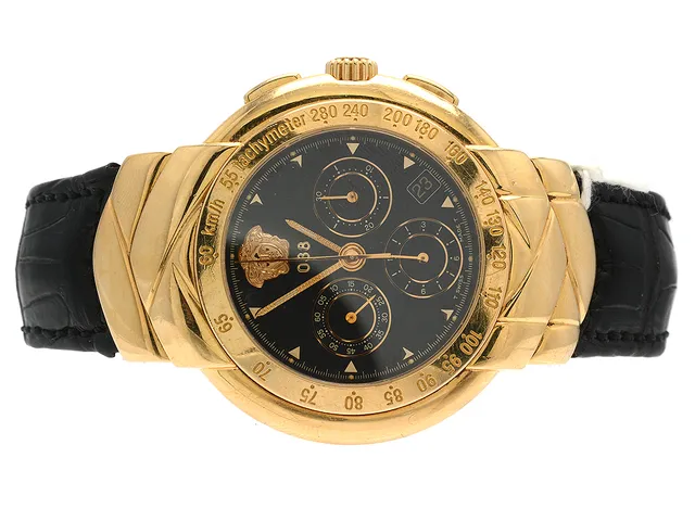 Gianni Versace #038 herrur 18K med läderband brv: 165,5g, automatiskt 42mm, datum (trögt att ställa om), kronograf, repigt glas, tidtagning nollställer ej korrekt, en boettskruv saknas, refnr: 8 137 922
