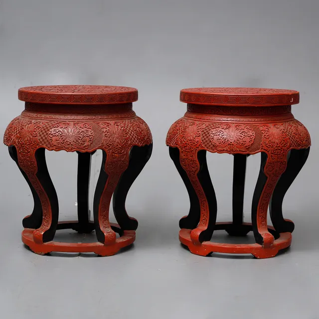Pair of Chinese cinnabar lacquer stools, first half 20th Century.