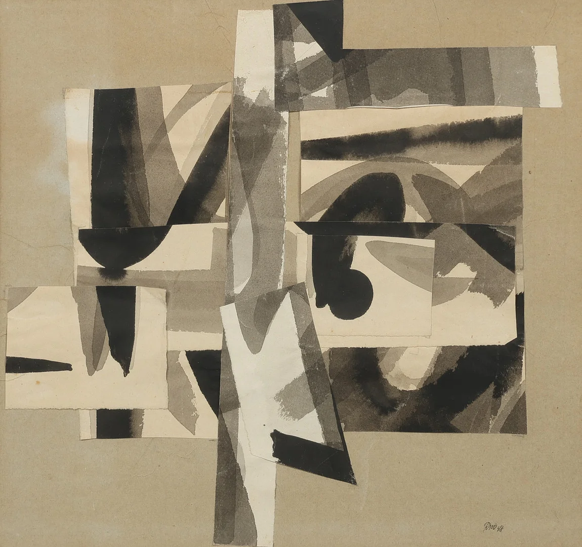 UBEKENDT KUNSTNER. Abstrakt komposition, collage, tusch på papir, signeret RM og dateret 1948. — Paintings — Palsgaard Kunstauktioner