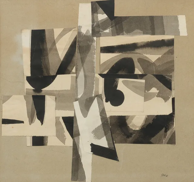UBEKENDT KUNSTNER. Abstrakt komposition, collage, tusch på papir, signeret RM og dateret 1948.