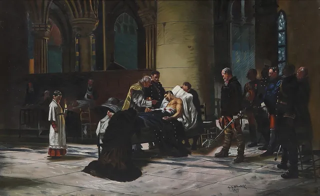 CARL GABRIEL WADELL. olja på duk, "En hjältes död", kopia efter Nils Forsbergs målning, signerad CG Wadell, daterad 1894.