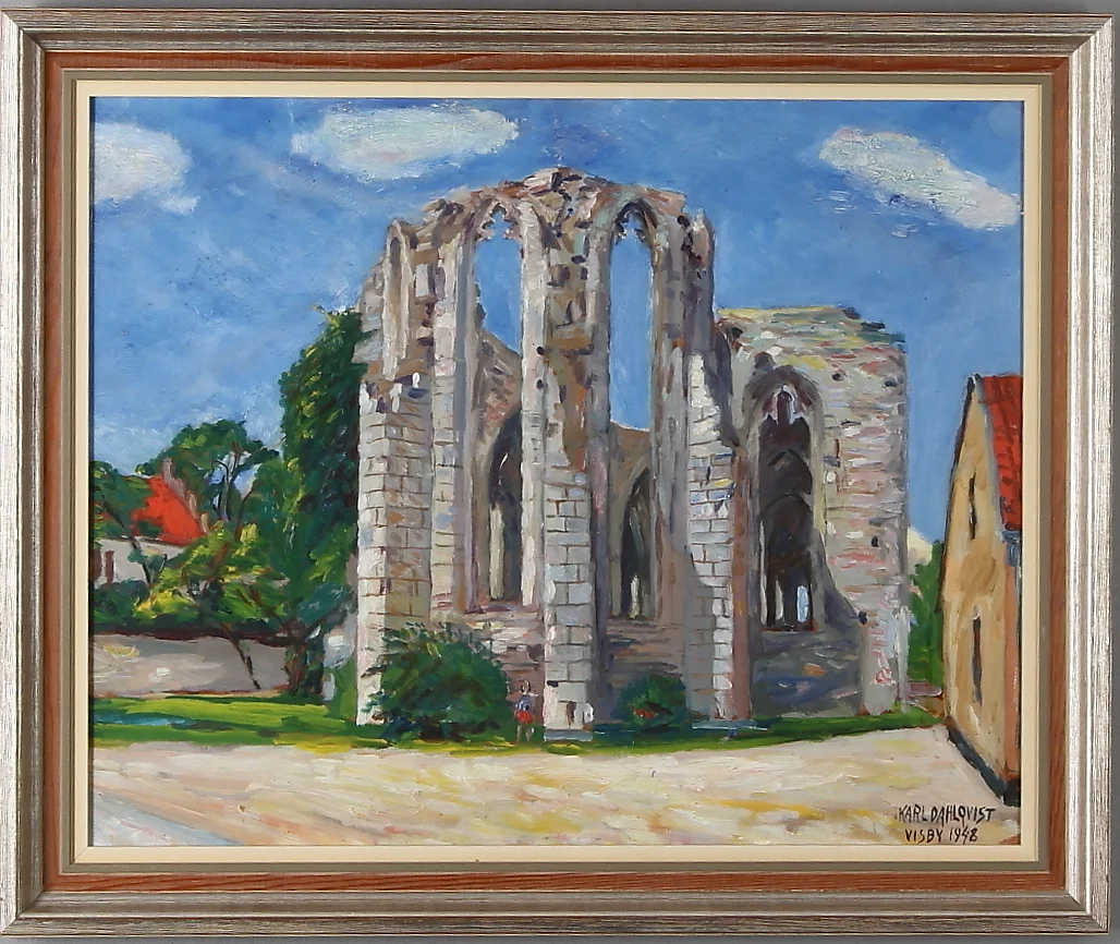 KARL DAHLQVIST. Motiv från Visby, olja på pannå, signerad och daterad 1948. — Paintings — Auktionshuset Kolonn