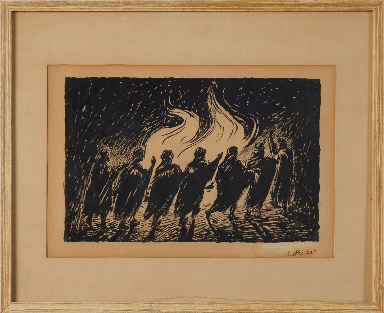 SVEN HEDIN. "The girls of Shagok dancing round the fire", Blandteknik och tusch, förlaga till "My life as an explorer" sid 481, signerad och daterad. — Paintings — Stockholms Auktionsverk Magasin 5