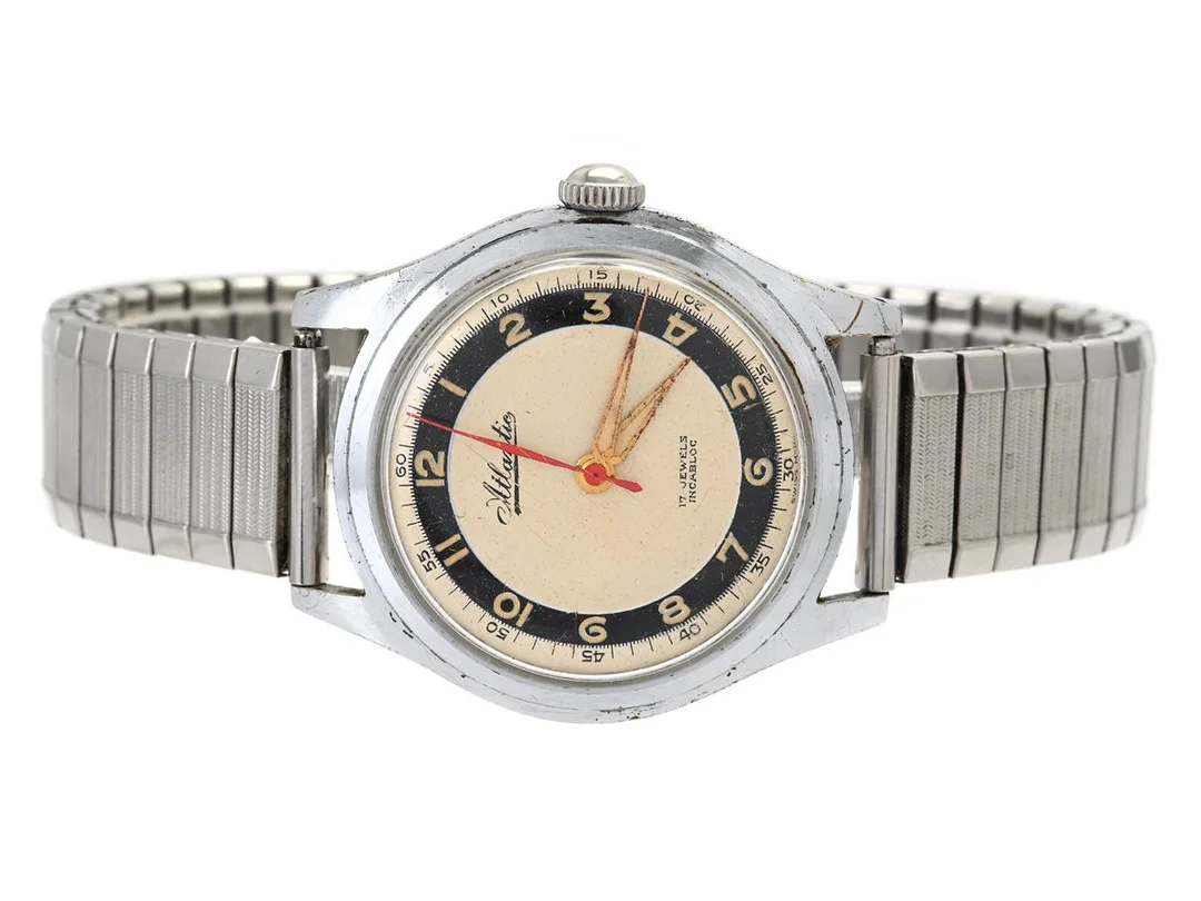 ATLANTIC, herrur, 34 mm, Cal AS 1430, Boett nr. 159979, vitmetall, manuell, plexiglas, skadad urtavla, ca 1950, metallänk ej original. — Klockor/Atlantic — Kaplans