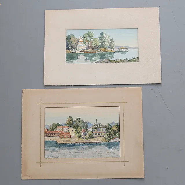 AUGUST LEONARD OLSSON. 2 st, akvareller, Nackanäs Värdshus & Stallmästaregården, signerade.