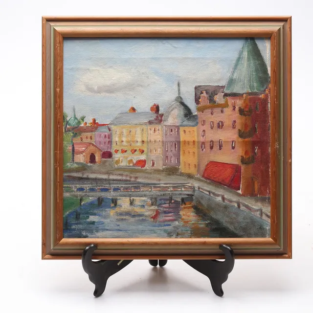 ARNE ROLAND ANDERSSON. TILLSKRIVEN. Stadsmotiv med kanal. Olja på duk, osignerad.