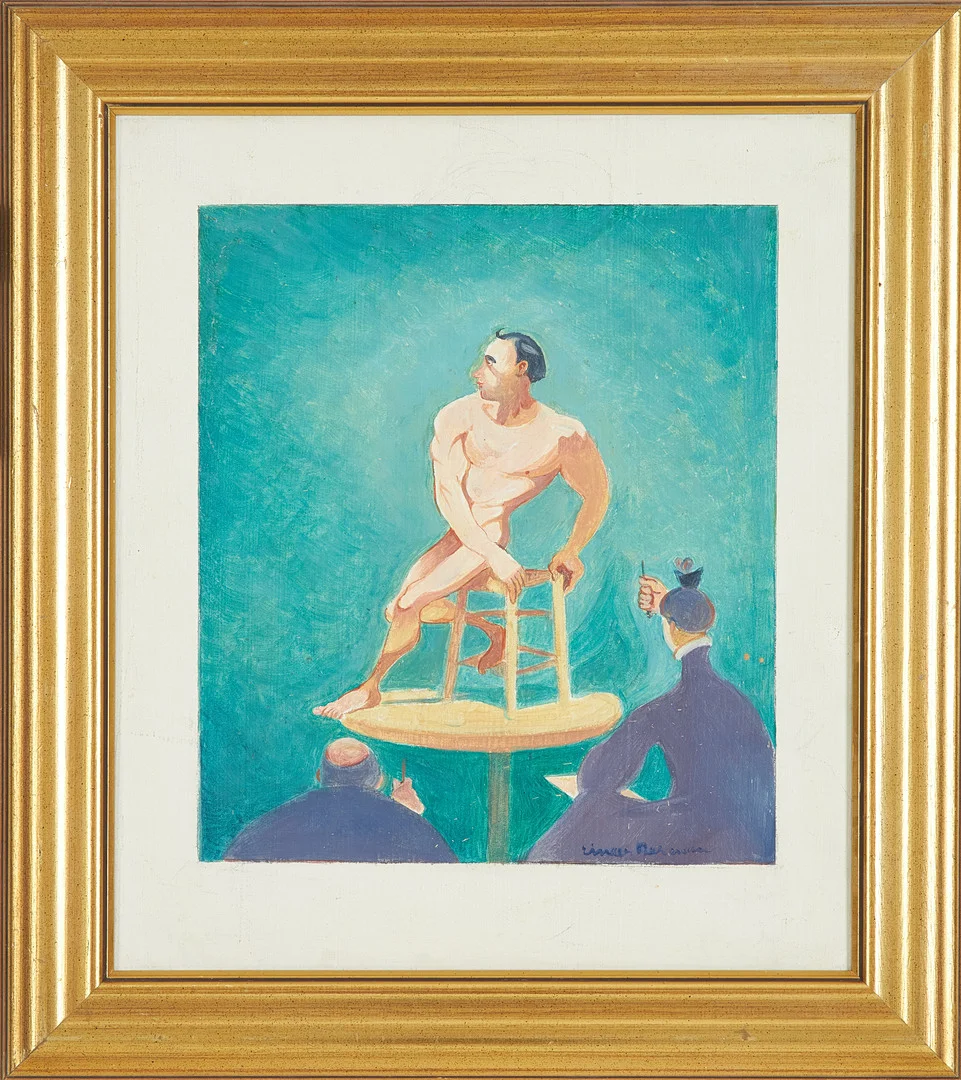 EINAR NERMAN. Figurkomposition med manlig modell, blandteknik på pannå, signerad. — Paintings — Stockholms Auktionsverk Sickla