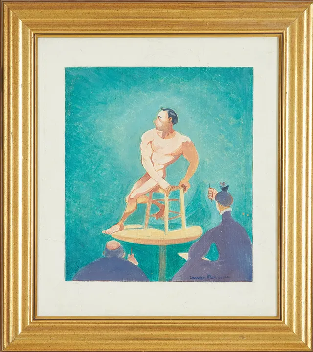 EINAR NERMAN. Figurkomposition med manlig modell, blandteknik på pannå, signerad.