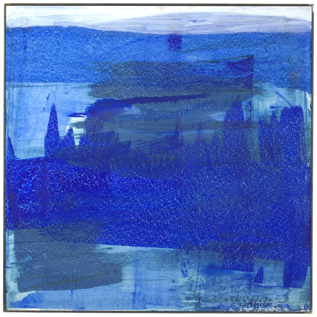 YVONNE LARSSON. Olja på mdf-skiva, "Mot Borgarnes Island", ram av smidesjärn, komposition i blått, signerad. — Paintings — Höganäs Auktionsverk