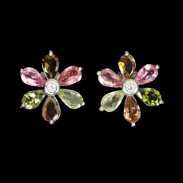 A pair of rhodium-plated sterling silver earrings with multi-colored tourmalines. (2)