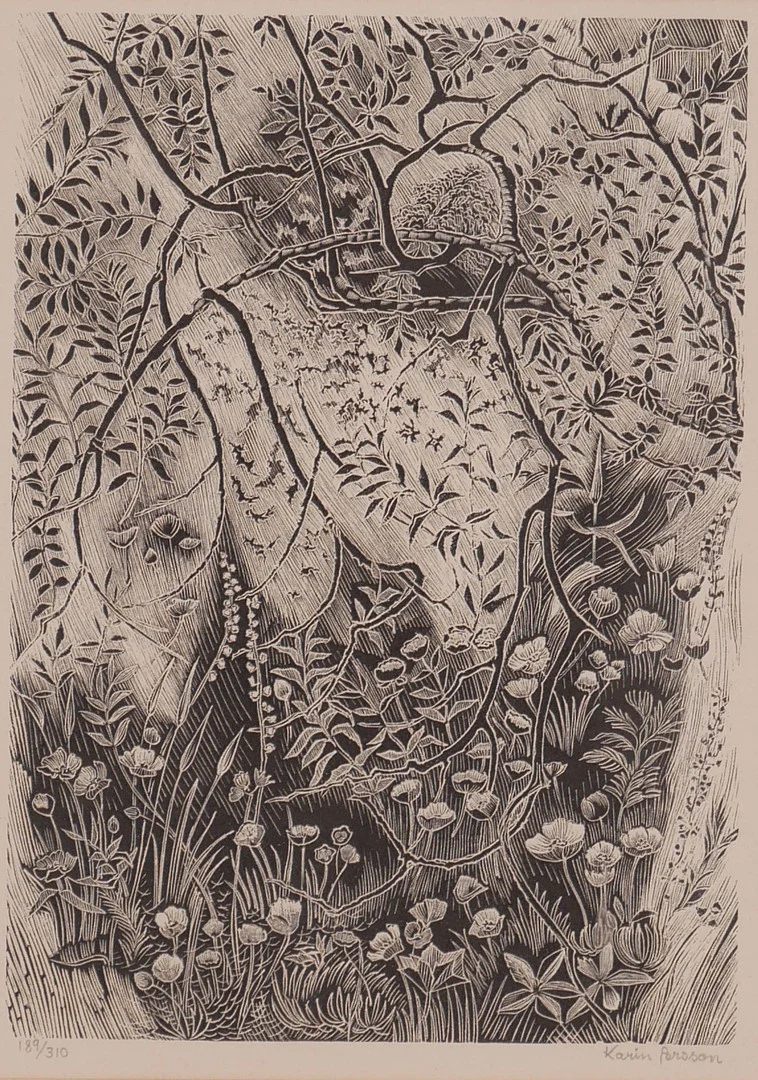KARIN PERSSON. "Orörd mark", trägravyr, signerad. — Engravings & Prints — Auktionsfirma Kenneth Svensson i Kalmar
