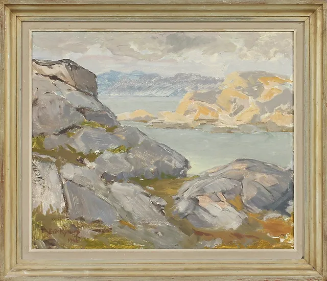 ERIK KYLBERG. "Klippor och vatten", olja på pannå, signerad.