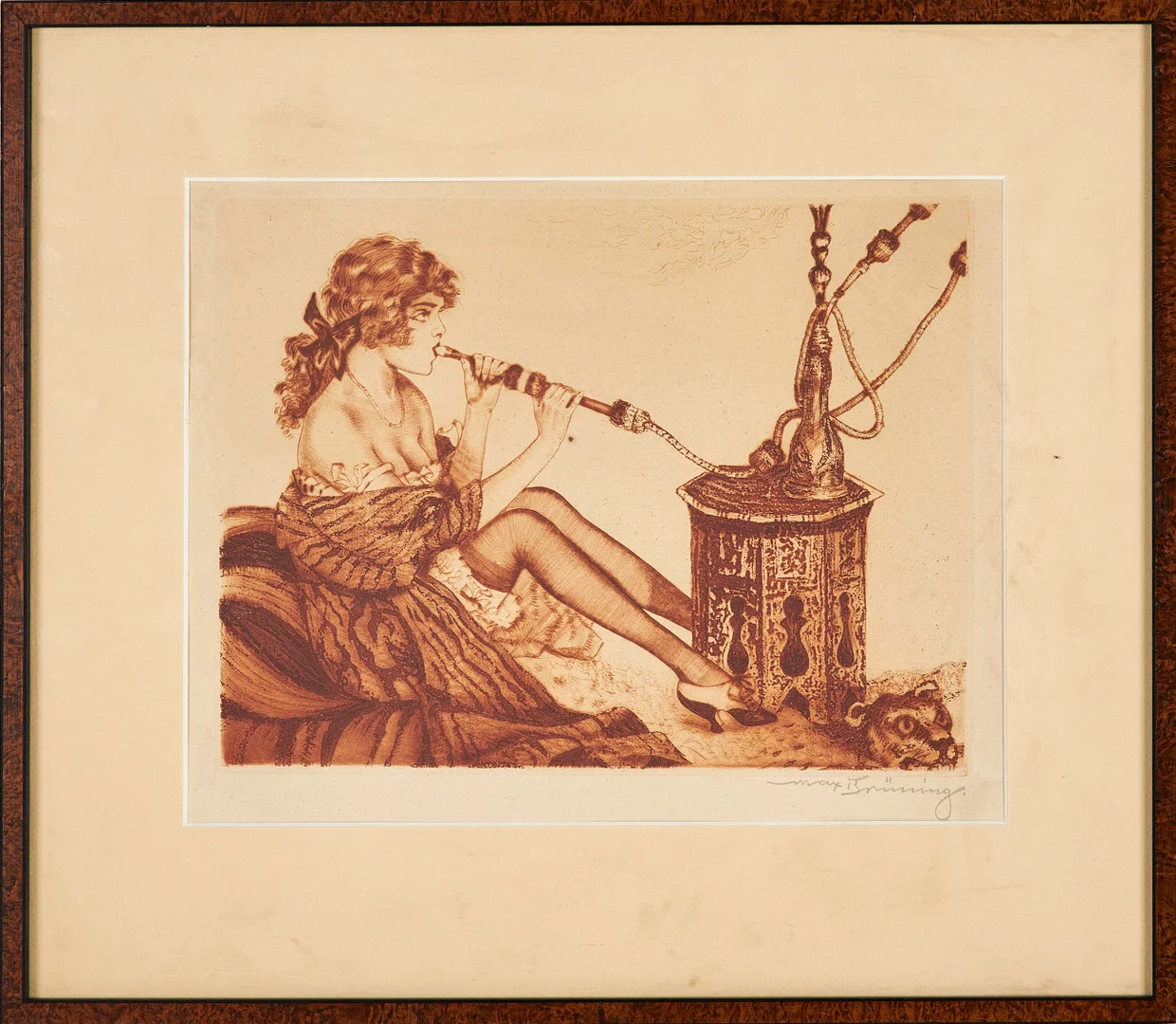 MAX BRÜNING. kvinna som röker vattenpipa, färgetsning, linje och akvatint, signerad i blyerts. — Engravings & Prints — Stockholms Auktionsverk Sickla