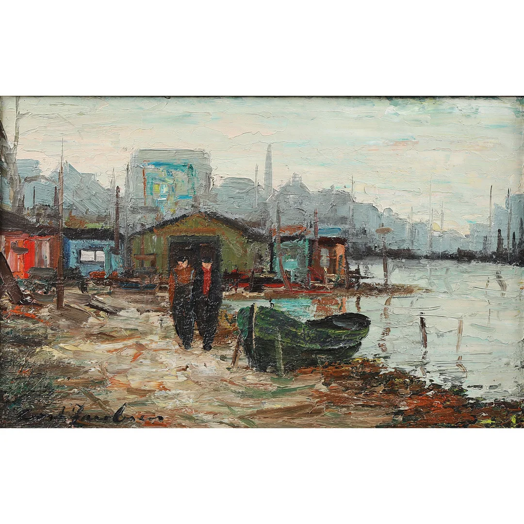 CORT JACOBSEN (1911-1967). Parti med fiskere og fiskerhuse, olie på lærred. — Paintings — Bidstrup Auktioner