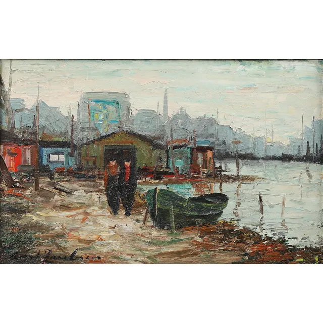 CORT JACOBSEN (1911-1967). Parti med fiskere og fiskerhuse, olie på lærred.