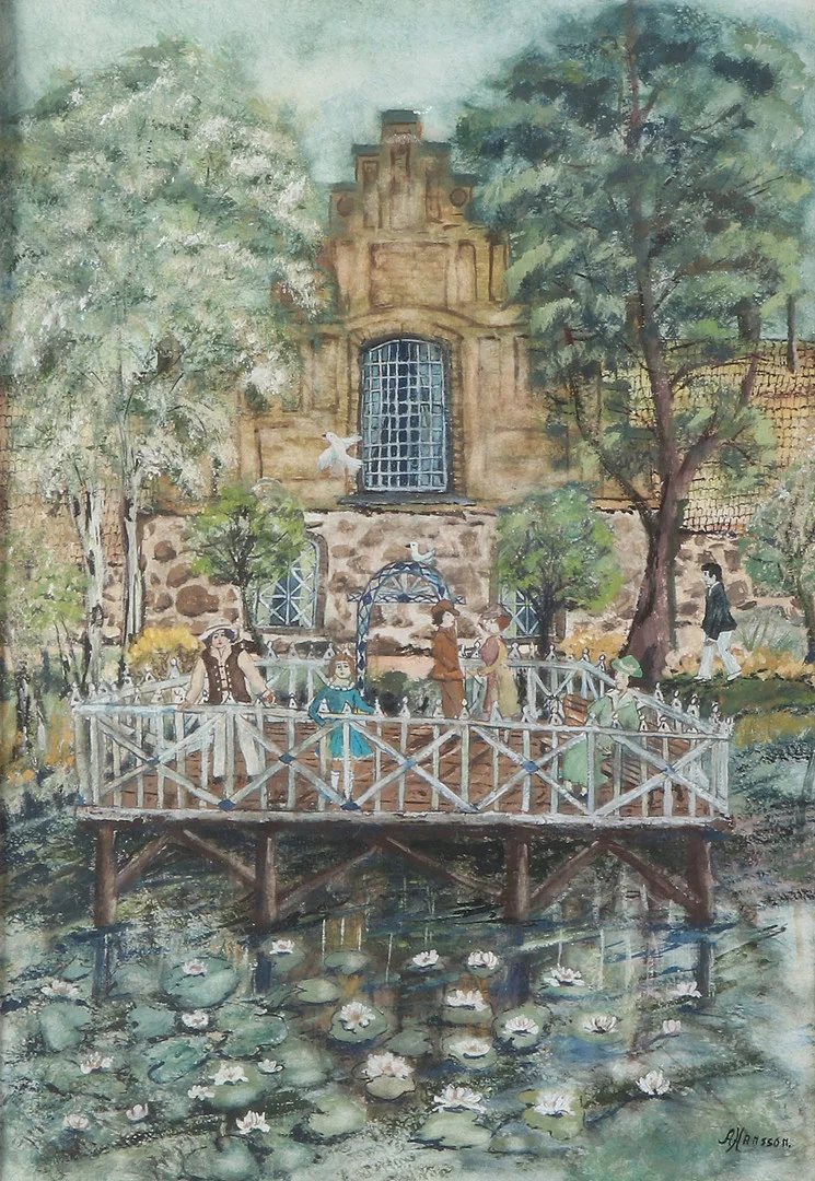 ALMA HANSSON. Gouache. "Näckrosdammen". Signerad. — Paintings — Skånes Auktionsverk