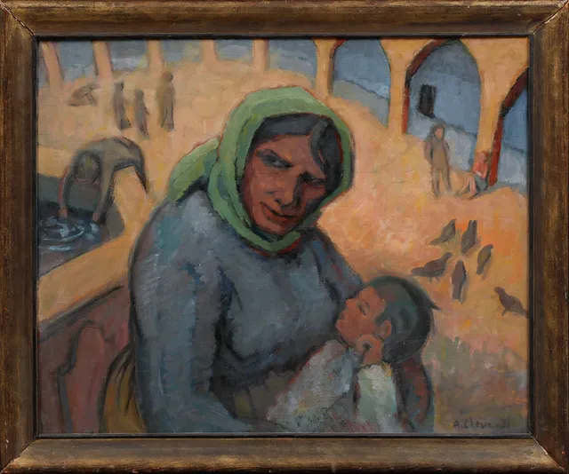 AGNES CLEVE. Kvinna med barn, olja på pannå, signerad och daterad -31.