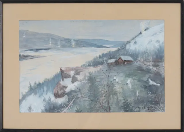 OSCAR LYCKE. Stugor mot Indalsälven, gouache., signerad och daterad -97.