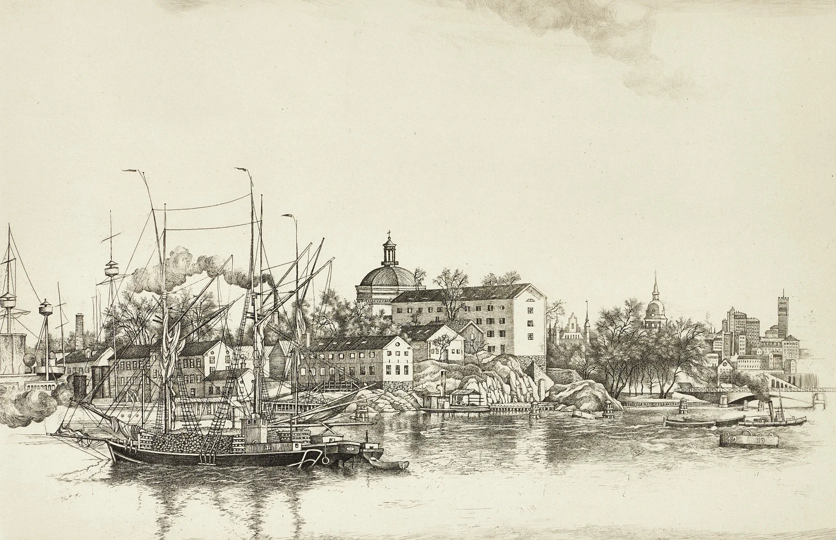 STIG BORGLIND (1892-1965), ”Skeppsholmen, Stockholm”, signerad Stig Borglind i blyerts, oktober 1927, etsning och kopparstick. — Engravings & Prints — Crafoord Auktioner Stockholm