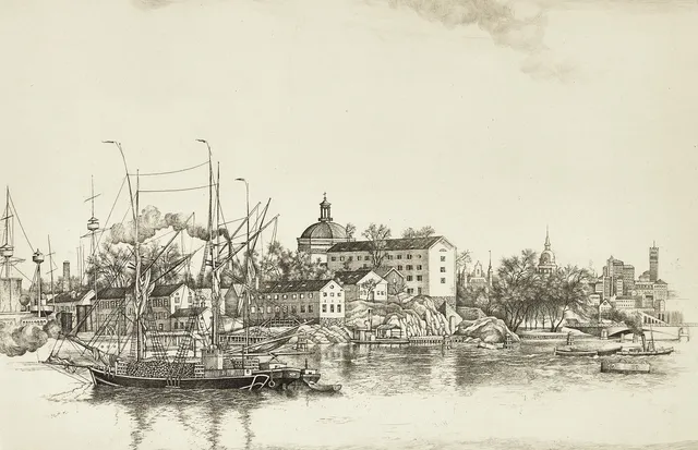 STIG BORGLIND (1892-1965), ”Skeppsholmen, Stockholm”, signerad Stig Borglind i blyerts, oktober 1927, etsning och kopparstick.