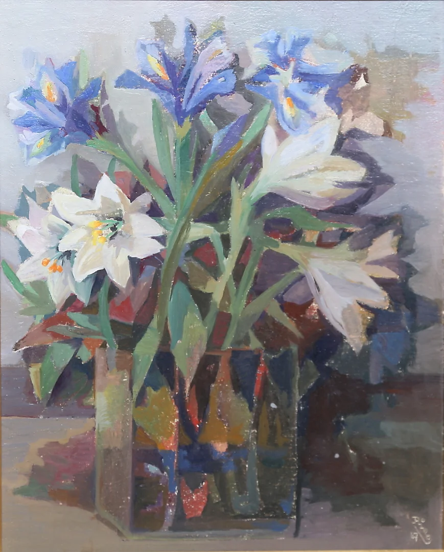 RAGNAR RING. "Liljor och iris". Olja på pannå, signerad och daterad 67. — Paintings — Gomér & Andersson Linköping