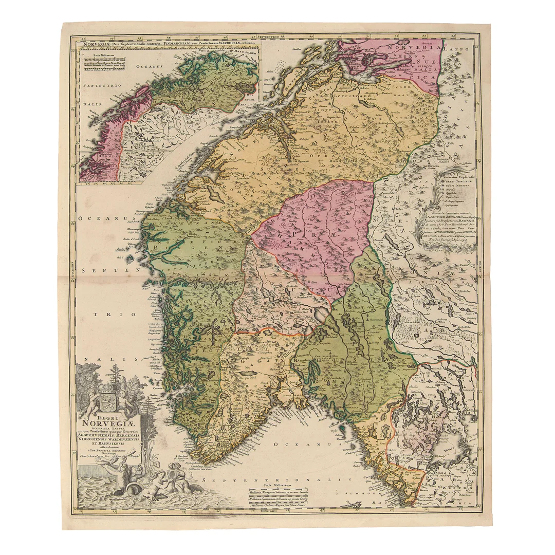 Homann, Johann Baptist — "Regni Norvegiæ accurata tabula in qua Præfecturæ quinque Generales" Nürnberg ca. 1729 — Gjenstand/Kart, prospekter, brev, eldre foto — Blomqvist