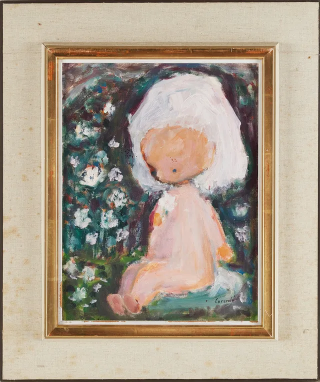 KURT CARENDI. Barn på blomsteräng, olja på pannå, signerad.