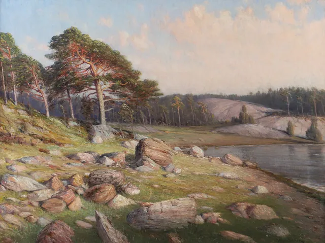 WILHELM DAHLBOM. Sjölandskap med solbelysta tallar, olja på duk, signerad 1898.