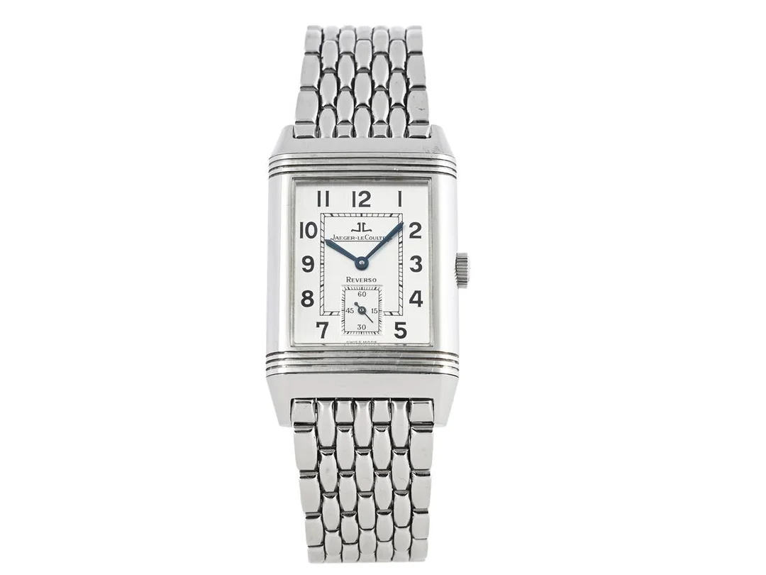 JAEGER-LE COULTRE, Reverso, Grande Taille, Cal 822, Serie nr. 1819323, Ref nr. 270.880.622, Boett nr. 270.8.62, herrur, 26 x 36,5 (42,3) mm, stål, manuell, safirglas, liten sekundvisare, originallänk, viklås, läderband, originalspänne, ca 2000, box (skadad), ytterkartong. — Klockor/Jaeger-Le Coultre — Kaplans