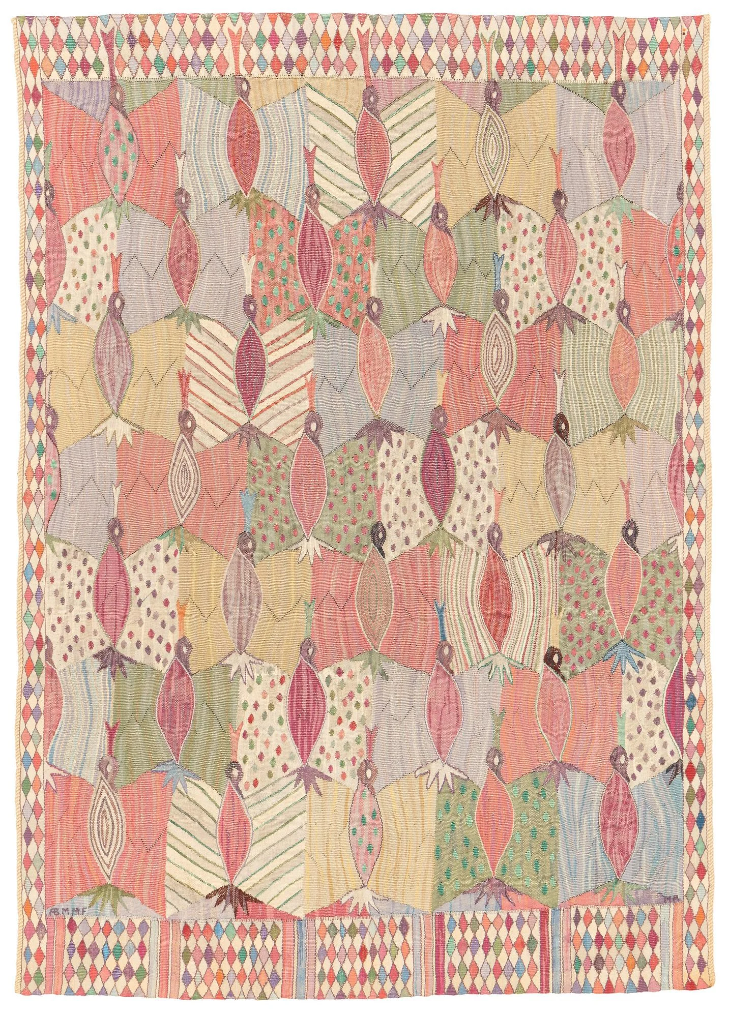 Marianne Richter, draperi, "Brokiga fåglar", gobelängvariant, ca 191 x 133 cm, signerad AB MMF MR. — Bukowskis