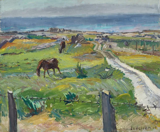 GEORG LODSTRÖM (1915-1972), Kustbild med hästar, signerad och daterad 47, olja på duk.