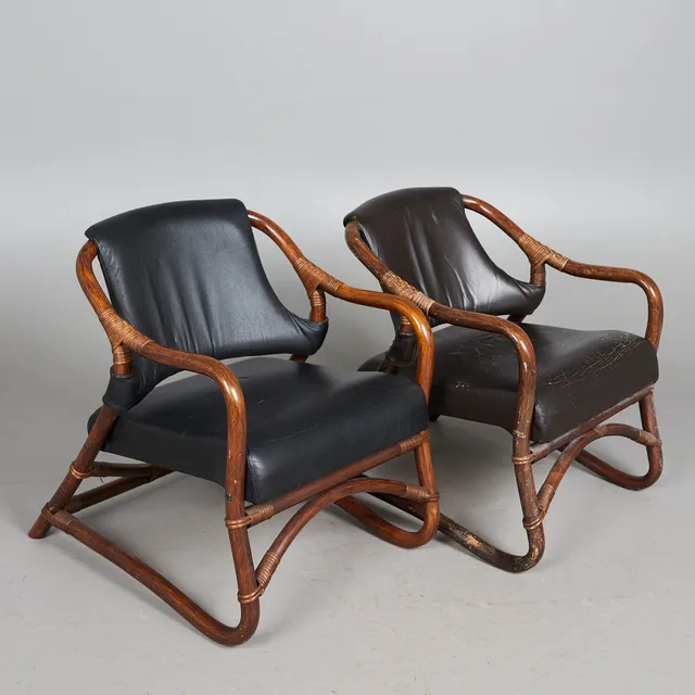 Zwei Sessel / Lounge Chairs, Bambus, Leder, 1970er Jahre (2).