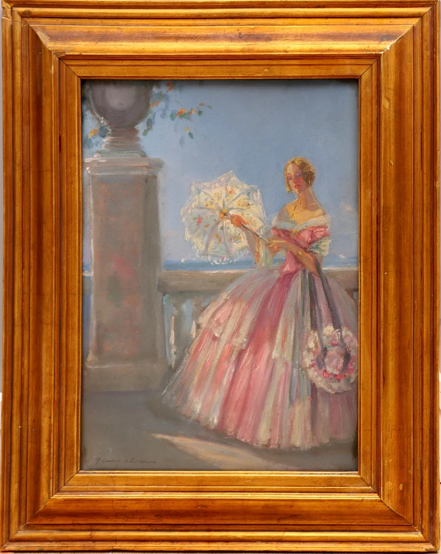 PEDRO CASAS ABARCA (1875-1958). Dama de época con sombrilla, óleo sobre tabla, firmado P. Casas Abarca. — Paintings — Barcelona Auctions