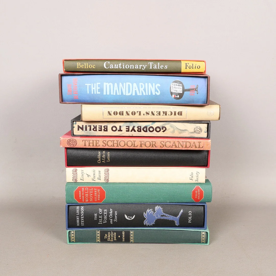 FOLIO SOCIETY; CAUTIONARY TALES, THE MANDARINS, GOODBYE TO BERLIN, THE SCHOOL OF SCANDAL, CHEKHOV: A LIFE IN LETTERS, ESSAYS OF FRANCIS BACON, A SHORT GUIDE TO THE WORLD NOVEL, THE ISLE OF VOICES, THE DICKENS ENCYCLOPEDIA ETC (10). — Books — Bishop & Miller