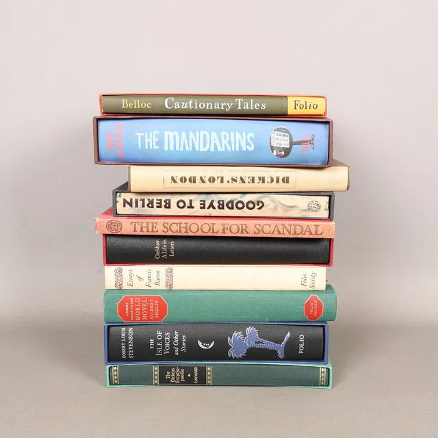 FOLIO SOCIETY; CAUTIONARY TALES, THE MANDARINS, GOODBYE TO BERLIN, THE SCHOOL OF SCANDAL, CHEKHOV: A LIFE IN LETTERS, ESSAYS OF FRANCIS BACON, A SHORT GUIDE TO THE WORLD NOVEL, THE ISLE OF VOICES, THE DICKENS ENCYCLOPEDIA ETC (10).