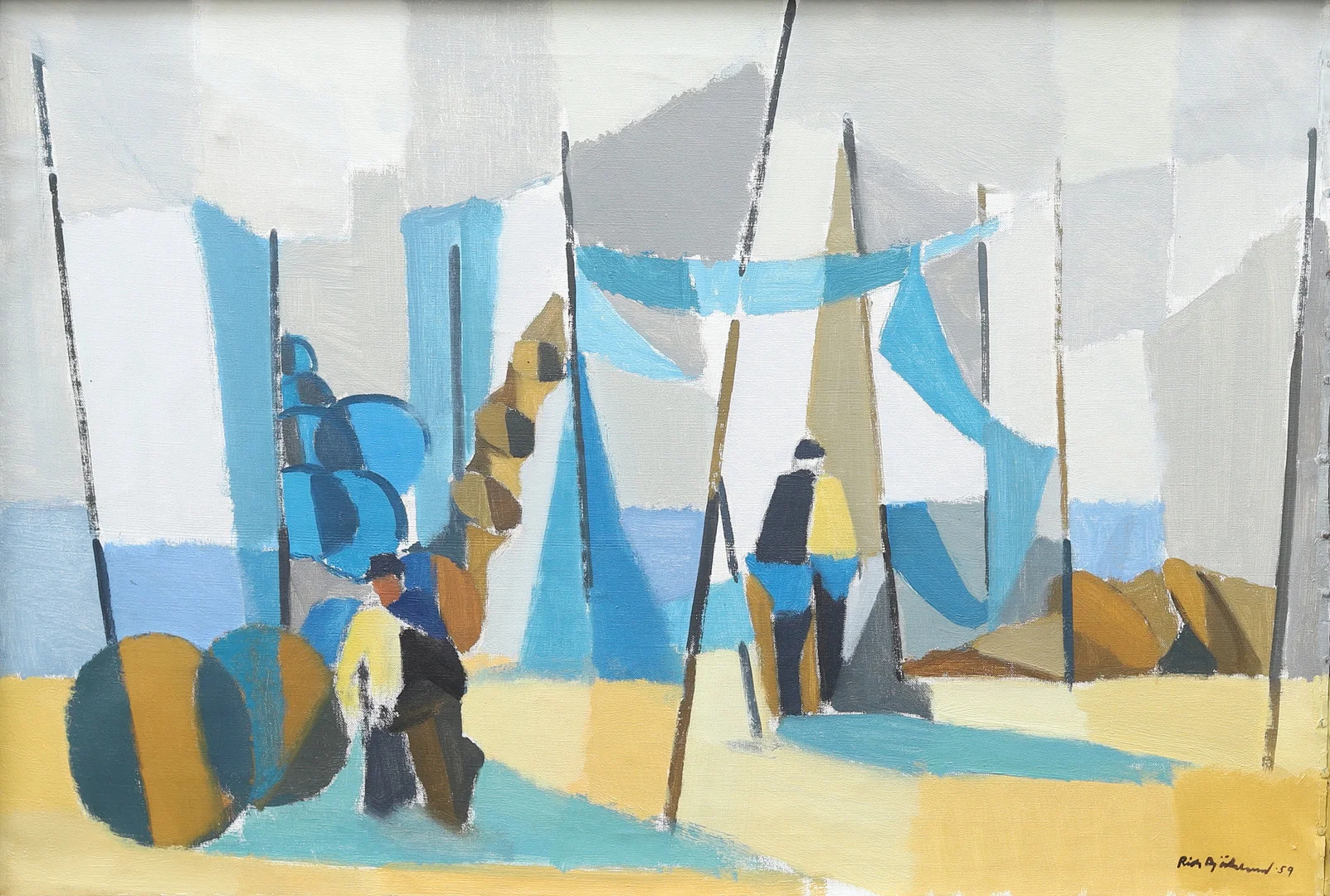 RICHARD BJÖRKLUND. "Ålahommorna lagas", olja på duk, signerad. — Paintings — Garpenhus Auktioner