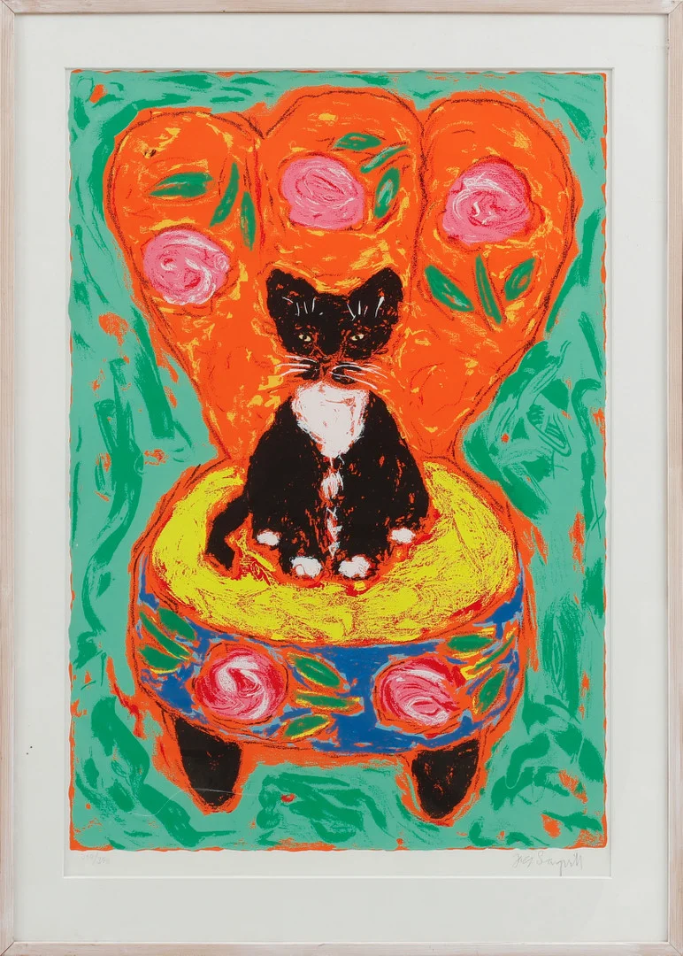JACK SANGWILL. Katt i fåtölj, färglitografi, signerad och numrerad 360/390. — Engravings & Prints — Göteborgs Auktionsverk
