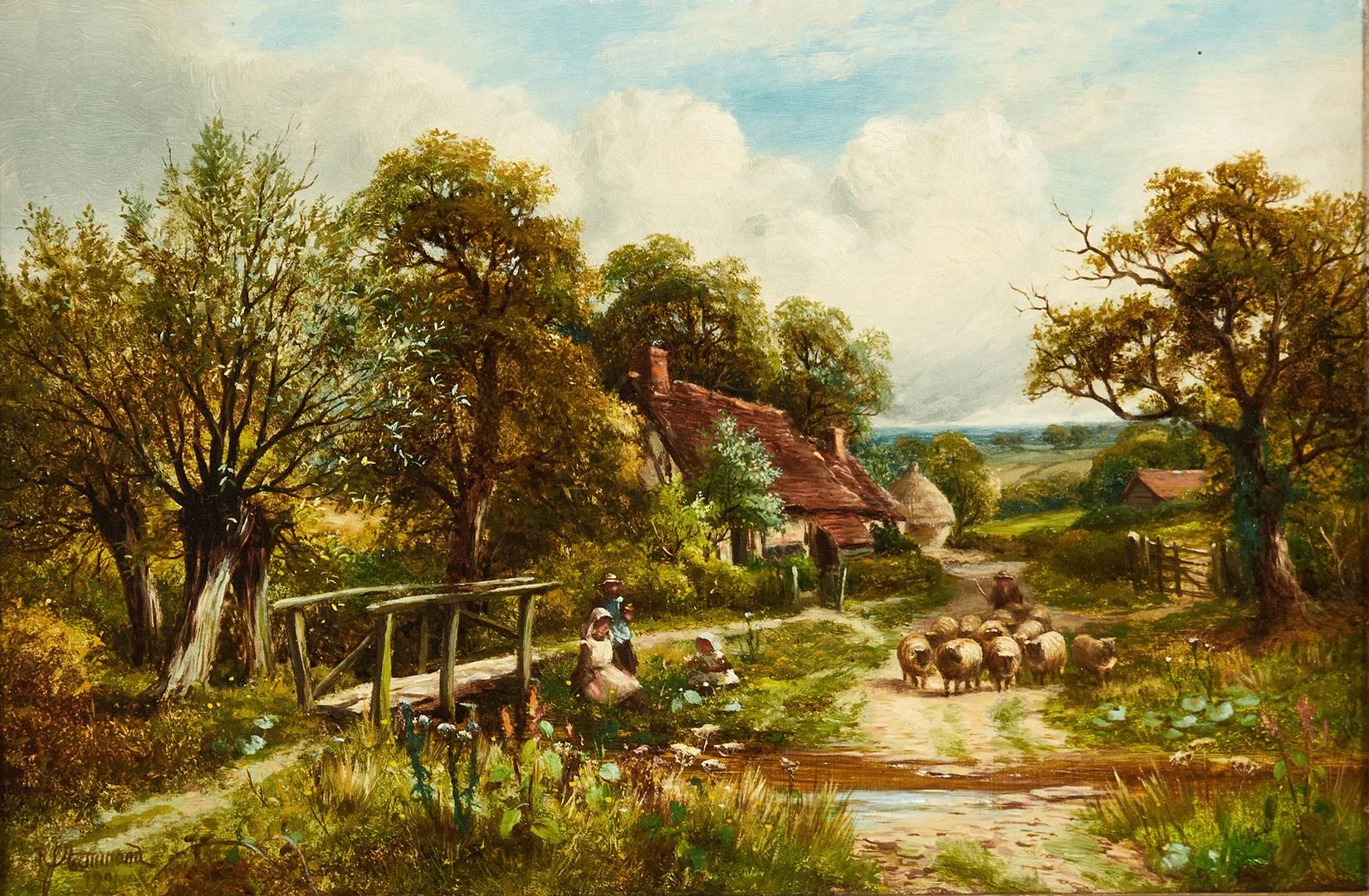 ROBERT JOHN HAMMOND (act.1879-1911): Cottage med får och lekande barn, signerad och daterad 1901, olja på duk. — Paintings — Crafoord Auktioner Stockholm